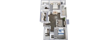 A 3D floor plan of a house with a kitchen, living room, dining room, and two bedrooms.