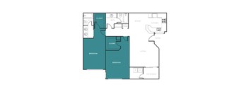 A floor plan of a house with two bedrooms, two bathrooms, a kitchen, a dining area, a living room, a closet, and a patio/deck.