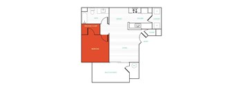 A floor plan of a house with a bedroom highlighted in red.