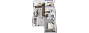 A 3D floor plan of a small apartment with a kitchen, living room, and bathroom.