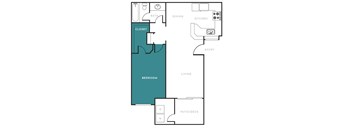 A floor plan of a room with a bedroom, bathroom, kitchen, dining area, closet, and a living room.