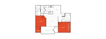 A floor plan of an apartment with two bedrooms, a living area, a kitchen, a dining area, a bathroom, a laundry area, and a balcony.