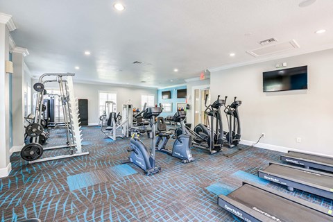 A gym with a variety of equipment including treadmills, weights, and exercise machines.