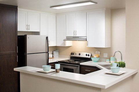 A modern kitchen with white cabinets and a dark brown door.