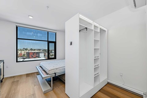 pull out bed next to shelves on wood floor