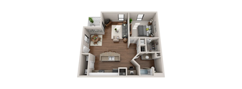 A 3D floor plan of an apartment home.