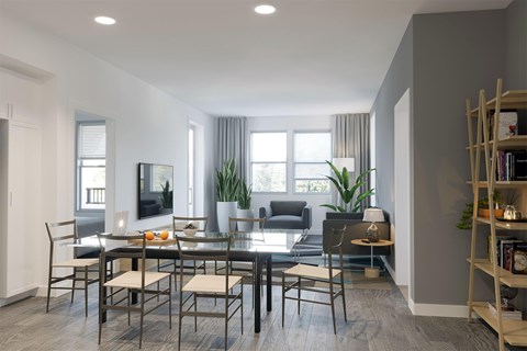 A modern dining room with a glass table and chairs.