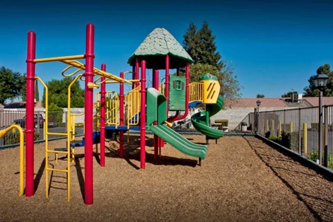The playground at Golden Meadows with monkey bars and 2 slides.