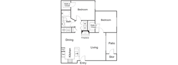 A black and white 2D floor plan of an apartment home.