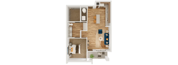 A top-down view of a small apartment with a living room, kitchen, and bedroom.