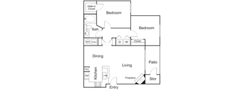 A black and white 2D floor plan of an apartment home.