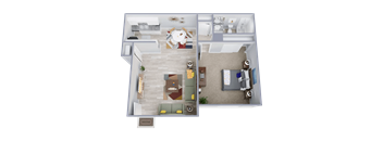 A 3D floor plan of a house with a living room, kitchen, and bedrooms.