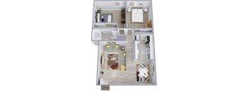 A 3D floor plan of a house with a living room, kitchen, dining room, and bedrooms.