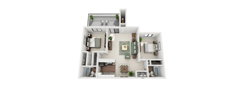 A 3D floor plan of a house with a living room, kitchen, and two bedrooms.
