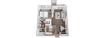 A 3D floor plan of a small apartment layout.