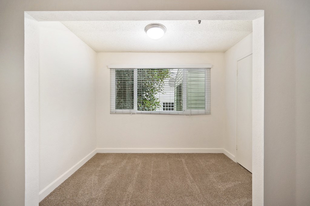 an empty room with a window and a carpeted floor