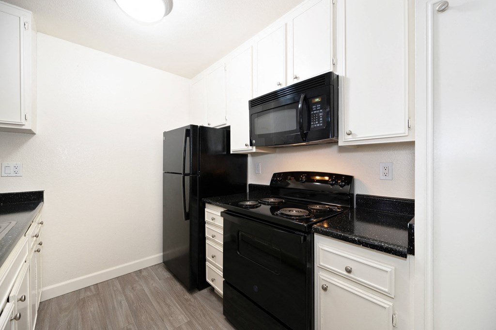 a kitchen with black appliances and white cabinets and a black refrigerator