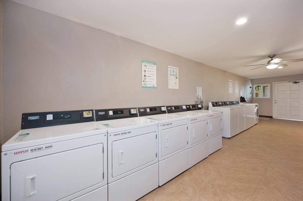 a row of washers and dryers in a laundry room