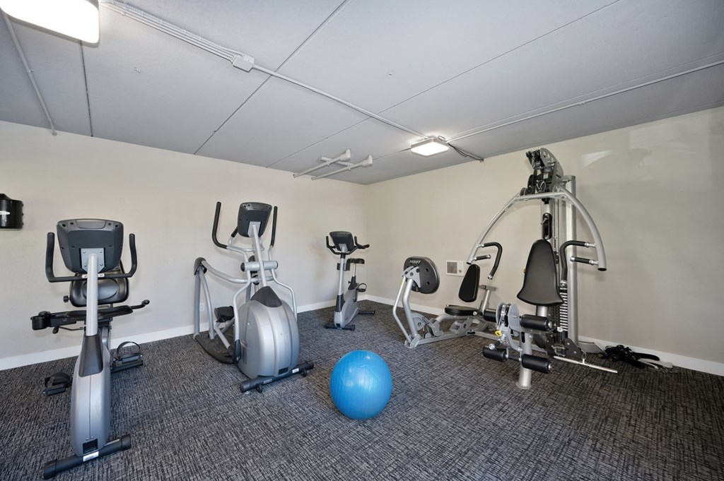 a gym with exercise equipment and weights on the floor