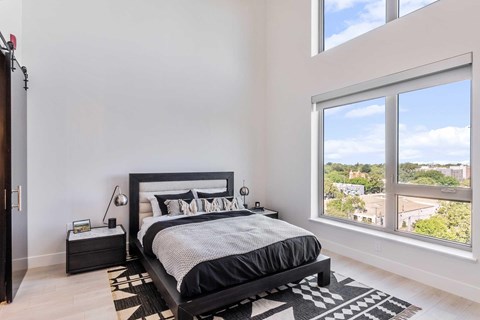 A bedroom with white walls, light colored hardwood floors and big walls bringing in great natural lighting. The room is staged with a bed and a rug.