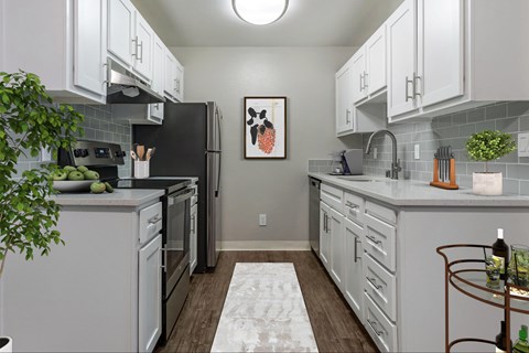 A kitchen with white cabinets and stainless steel appliances. The kitchen is staged with plants, a rug, and a painting,