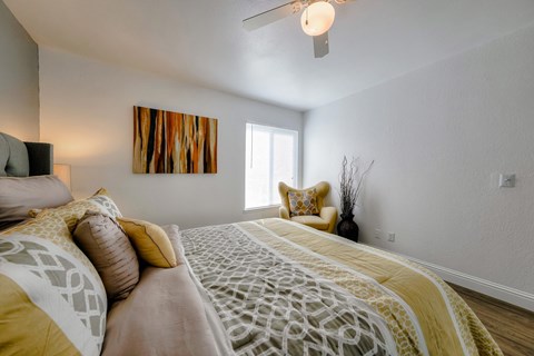 A bedroom with gray accent wall, wood style plank flooring, a ceiling fan, and a window. The room is staged with a bed, a plant, and a chair.