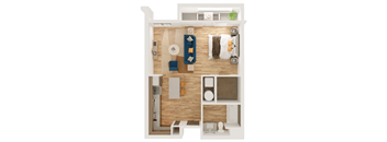 A top-down view of a small apartment layout with a kitchen, living room, and bathroom.