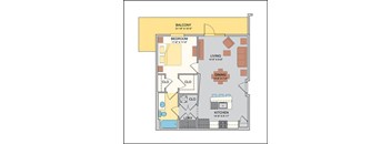 1 bedroom 1 bathroom jewel floor plan with 763 square feet.