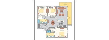 A floor plan of an apartment with two bedrooms, a living room, a dining room, a kitchen, a foyer, and a balcony.