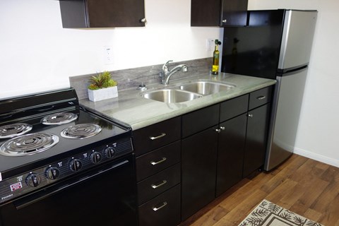 a kitchen with a stove and a sink and a refrigerator
