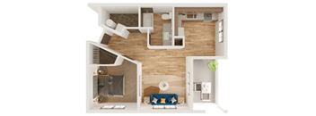 A top-down view of a living room with a couch, a coffee table, and a television.