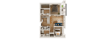 A 3D floor plan of a small apartment with a kitchen, living room, and bedroom.