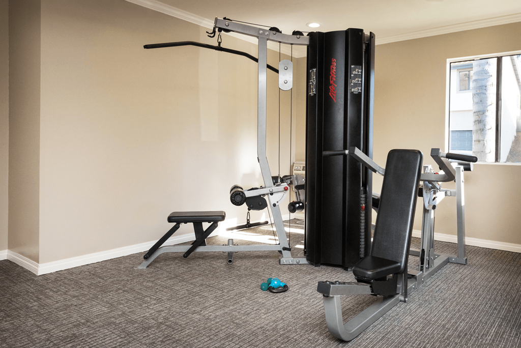 a home gym with a treadmill and weights