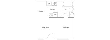 The Lily Studio Floorplan with 400 square feet.