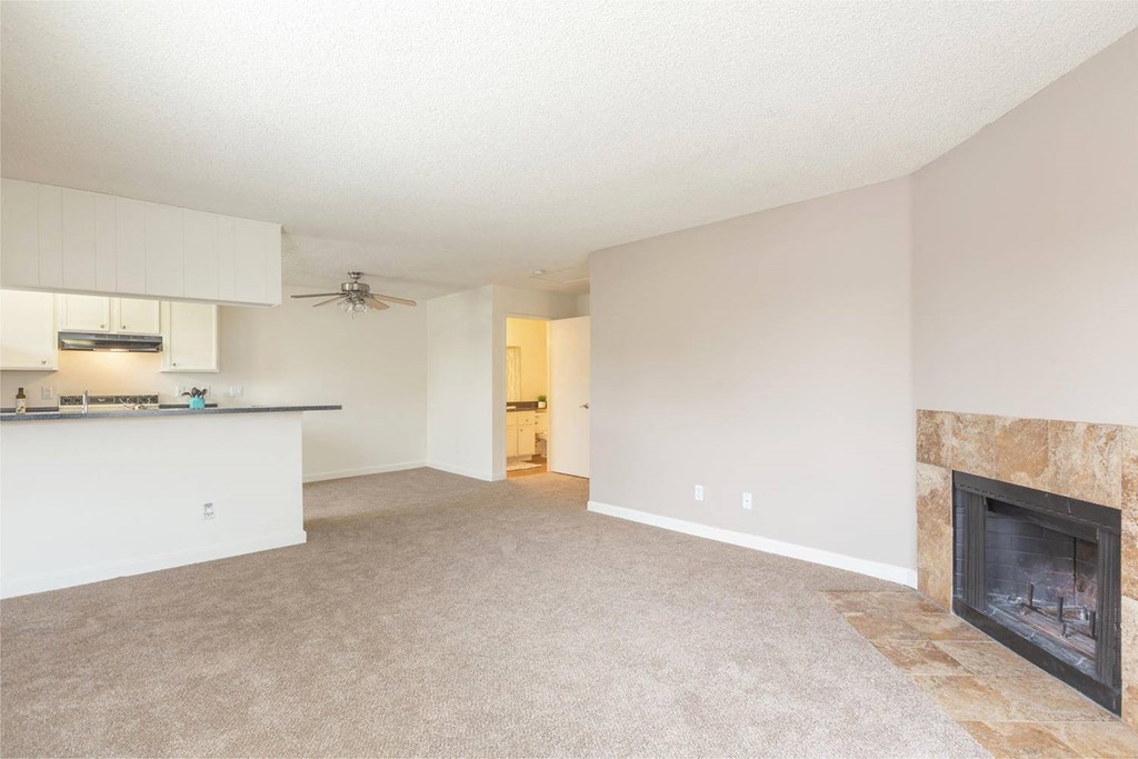 a living room with a fireplace and a kitchen