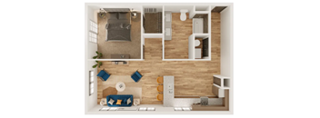 A top-down view of a modern apartment layout with a living room, kitchen, and bathroom.