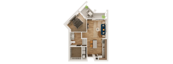 A detailed 3D floor plan of a small apartment with a kitchen, living room, and bathroom.