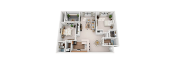 A 3D floor plan of an apartment home.