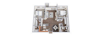 A 3D floor plan of a house with a living room, two bedrooms, a kitchen, and a bathroom.