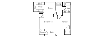 A floor plan of a house with a kitchen, dining room, living room, bedroom, bathroom, deck, and storage.
