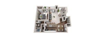 A 3D floor plan of an apartment home.