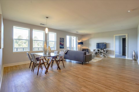 Bright and spacious living area featuring a modern gray sofa, wooden dining table with chairs, and a stylish TV stand. Large windows let in natural light, and there are decorative elements like a sculpture and a plant. The flooring is wooden, adding warmth to the contemporary design.