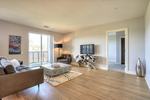 A modern living room featuring a brown sofa, a glass coffee table, a flat-screen TV on a decorative stand, and a cozy chair. Large windows allow natural light, revealing a balcony. The floors are wood, and there are stylish decor elements including a vase and wall art.