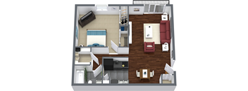 A top-down view of a small apartment with a bed, couch, and kitchen area.