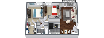 A top down view of a small apartment with a bedroom, living room, kitchen, and bathroom.