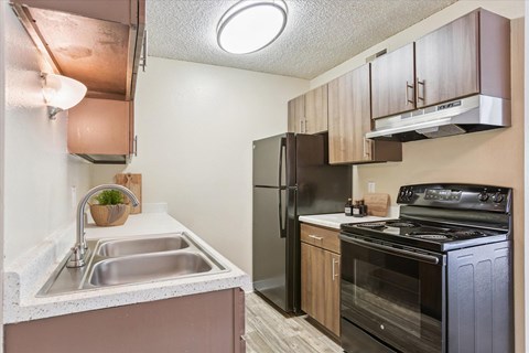 A kitchen with a black refrigerator and stove.