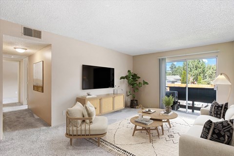 A living room with a couch, chair, and television.