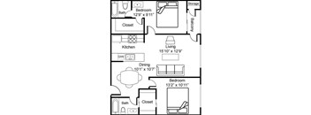 A drawing of a house layout with a living room, kitchen, two bedrooms, a storage area, and a balcony.