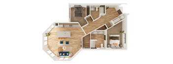 A 3D model of a house layout with a living room, kitchen, and two bedrooms.