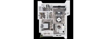A 3D floorplan of the 1 bed 1 bathroom A apartment.